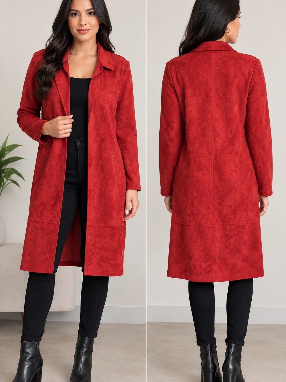 Red Long Women's Coat - Classic Open Front Jacket